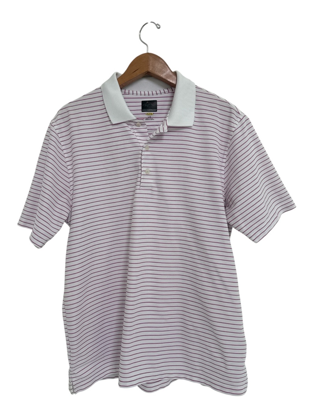 Greg Norman Classic Striped Golf Polo Shirt - White with Thin Maroon Stripes